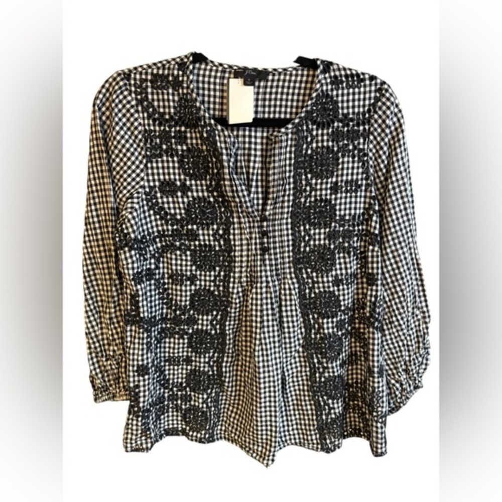 J. Crew Black and White Gingham Eyelet Embroidered 3/4 Sleeve Blouse Small